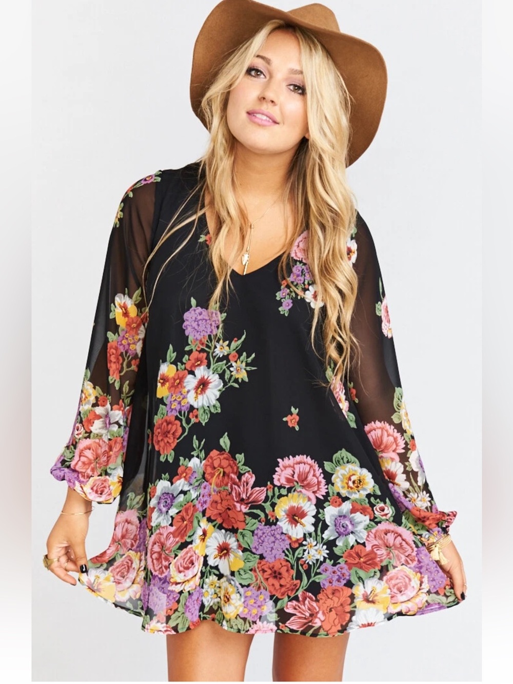 SHOW ME YOUR MUMU sS Blk Floral Long-Sleeve deep V-Neck chiffon Dress/top-lined